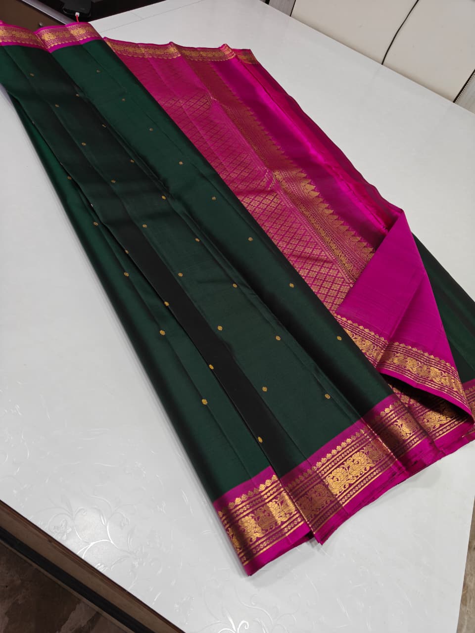 Dark Green Traditional Silk Saree with Pink Border